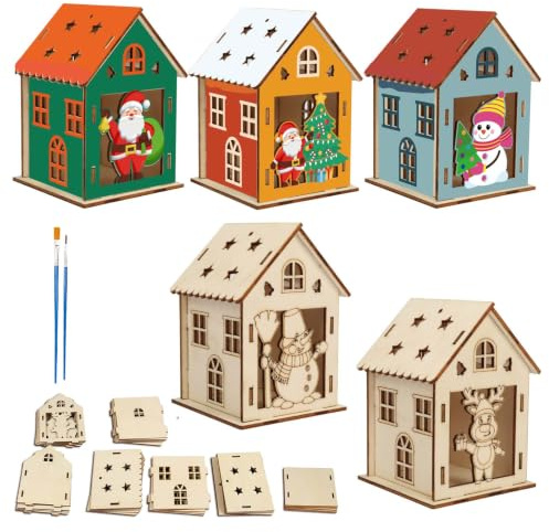 MONCAP 5 STK Weihnachtshaus Basteln KinderWeihnachten Bastelset | Holz Kreativsets Deko mit 2 Pinsel Geschenk Winter Jungen Mädchen