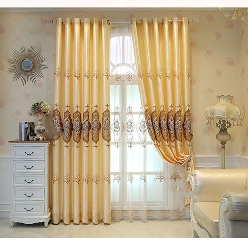 Bishilin Verdunklungsvorhänge mit Ösen, Gardinen Blickdicht 2er Set 137x274CM Vintage Stickerei mit Blumen Motiv Gelb Vorhänge Verdunkelnd Schlafzimmer Kinderzimmer Jugendzimmer