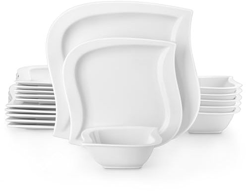MALACASA Elvira Series Dinnerware Set for 6 People, 18-Piece Ivory White Porcelain Dinner Set Leaf Shaped Plates and Bowls Set, Ceramic Crockery Set, Elegant Dinner Service, Microwave Dishwasher Safe
