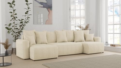 COMFORTINO FURNITURE ecksofa mit schlaffunktion und bettkasten Denver u-Form Sofa Couch mit bettkasten, 3-Sitzer eckcouch, schlafsofa für Wohnzimmer, Sofa Couch mit schlaffunktion (Beige)