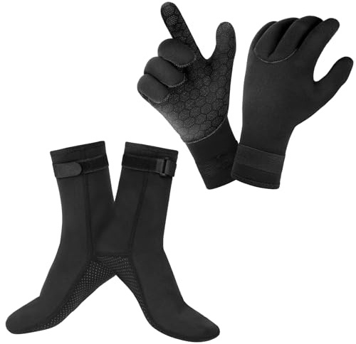 AUAUY 3mm Guantes Calcetines de Neopreno, TéRmicos y Antideslizantes Calcetines Piscina+Guantes de Buceo, Unisex Guante+Calcetine Surf con Correa Cintura Ajustable para EsnóRquel, Kayak (L)