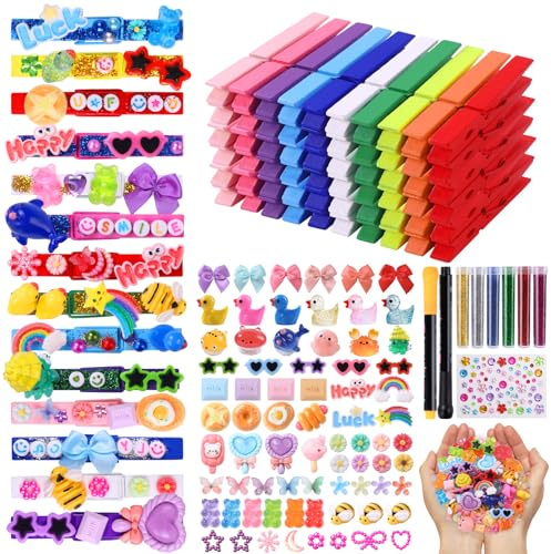 JOICEE 80PCS Cheer Pins Spirit Clips,80 Colored Wooden Clothes Pins 126 Mini Resin Animals Bows Daisy and Stickers Pen 300 Beads Pearls for Backpacks Ribbon Team Classroom Cheer Gifts Bulk