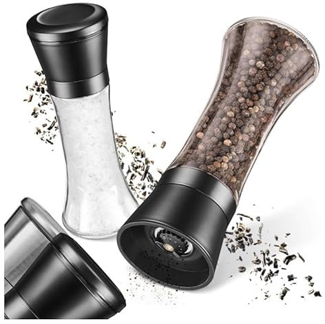 2 Piezas 190 ML Molinillo Pimienta Manual, Grosor Ajustable Molinillo Especias, Cristal Transparente y Acero Inoxidable Molinillo Sal y Pimienta, Adecuado para Especias, Pimienta, Sal y Chile