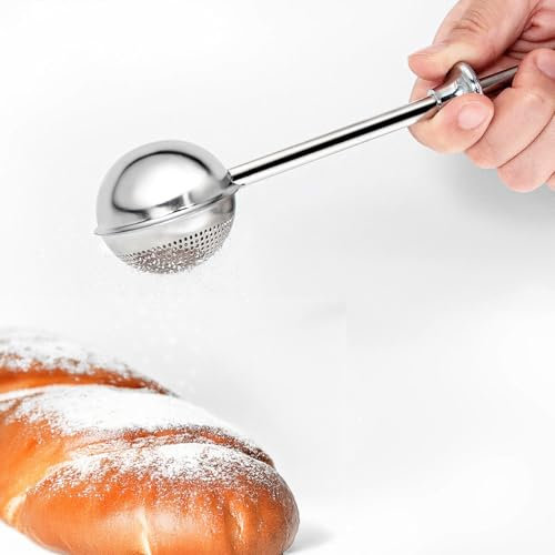 Plumero de harina para hornear, esparcidor de azúcar en polvo con mango, acero inoxidable, plumero para repostería, infusor de té para té suelto, espolvoreador de cacao, azucarero