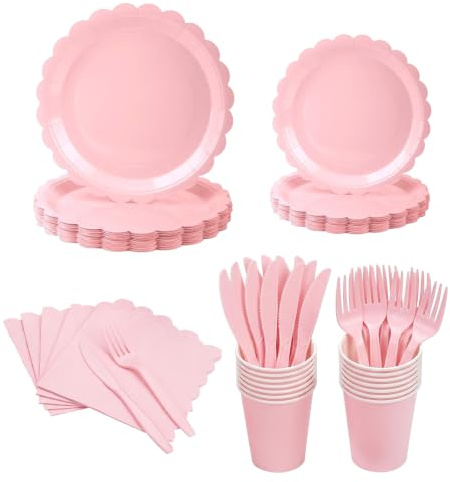144-teiliges Partygeschirr Set, Rosa Partyzubehör für 24 Personen | mit Tellern, Tassen, Servietten, Gabeln, Messern, ideal für Geburtstag, Hochzeit, Babyparty Toionmm Partygeschirr Set