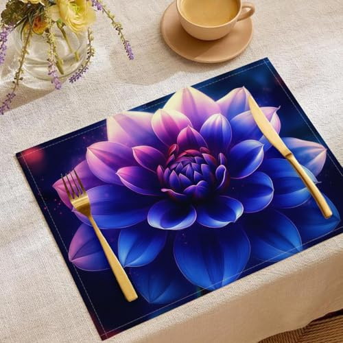 4 Sets de Table Fleurs Fantastiques Lavables, Sets de Table en Coton et Lin 图Dahlia Bleu Résistants à la Chaleur, Antidérapants, pour Restaurants,Camping, 30 x 45 cm, Bleu Violet