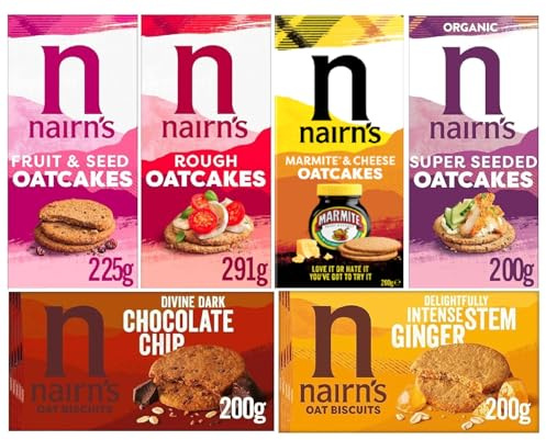 Nairn's Variety Pack - Oat Biscuits and Oatcakes - Flavours: Dark Chocolate Chip, Stem Ginger, Marmite & Cheese, Rough, Fruit & Seed, Super Seeded - (PACK OF 6) - Healthy Snacks