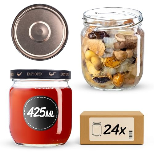 KADAX Einmachgläser 425ml TO82, Sturzgläser Mason Jar mit Schraubdeckel, Luftdichte Twist-off Gläser, Meal Prep, Overnight Oats, Sauerteig (Schwarz/Gold, 24 Stück)