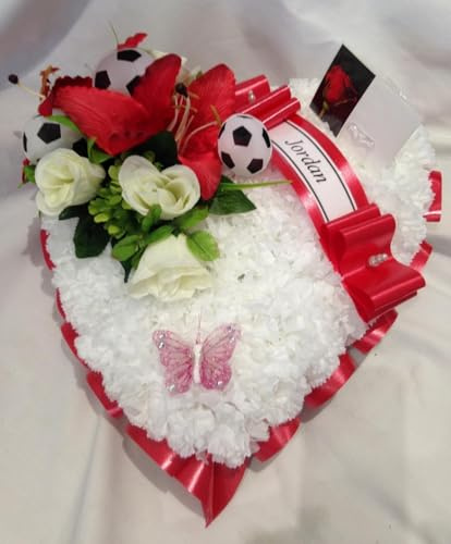 Silky Bouquets Football Heart Funeral Tribute – Silk Flower Heart with Laminated Football Details & Ribbon Edge | Personalized Memorial in Any Colour with Sash & Message Card
