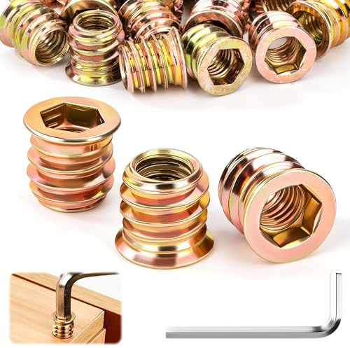 Tuercas para Madera M6 Insertos Roscados M6x14mm 20 Piezas Tuercas Hexagonales de Acero Galvanizado con Llaves Hexagonal para Muebles de Madera