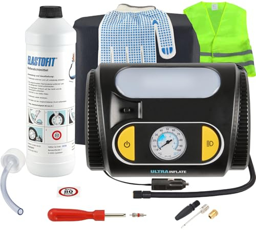 ELASTOFIT XT510 Reifenpannenset 700ml Reifendichtmittel 12V Kompressor Reifenreparaturset PKW SUV Wohnwagen 10 Jahre haltbar (XT510 Plus)