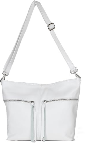 Ambra Moda GLX36 - Borsa da donna italiana in vera pelle, con tracolla e chiusura a zip, bianco, Mittelgroß