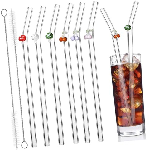 BIUDECO Pajitas Reutilizables Fáciles de Limpiar de Vidrio Curvas Juego de 6 Color Aleatorio con Diseño Adorable y 2 Cepillos Limpiadores y Versátiles para Té y Café