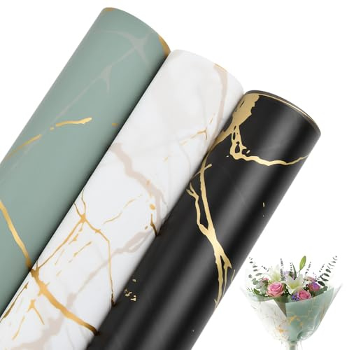 Carta da Regalo Set, 60 Fogli Carta per Bouquet, 57x57cm Impermeabile Carta da Pacchi, Bordo Dorato Irregolare, Bianco Nero Azzurro Chiaro per San Valentino Matrimonio Compleanno