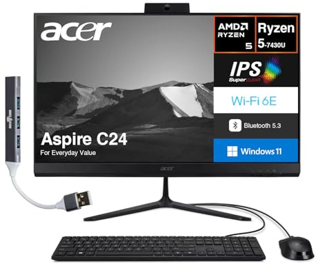 acer Aspire C24 Everyday Value All-in-One 23.8 IPS FHD Display (AMD Ryzen 5 7430U, 16GB DDR4, 512GB PCIe SSD, AMD Radeon, WiFi 6E, Webcam, Bluetooth 5.3, Win 11 Home) w/DKZ USB Port Expander
