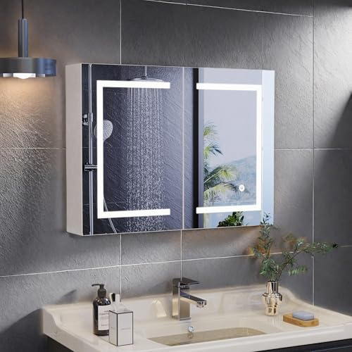 Spiegelschrank Bad mit LED Beleuchtung, Badezimmerschrank mit verstellbarer Ablage, HD-Spiegel, Doppeltür Badspiegel Hängeschrank, 3 Lichtfarbe Einstellbare, Weiß Holz (Doppeltür 80 x 13,5 x 60 cm)