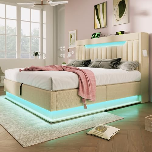 Sapgaks Lit Coffre 180x200 avec Ports USB et Type-C et éclairage LED,Cadre de lit Double capitonné 180 x 200 cm avec tête Coffre, lit 2 Personnes avec Rangement,Beige Lin (Matelas Non Inclus)
