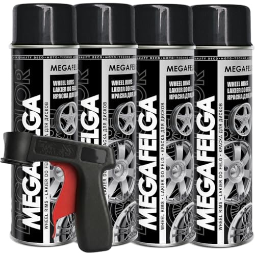 Craft-Equip DC 4er Sparpack MEGAFELGA 500ml inklusive Haltegriff - Felgenlack - Lackspray für Alufelgen und Stahlfelgen (4 Dosen 500ml Felgenlack Schwarz Glanz + Haltegriff)