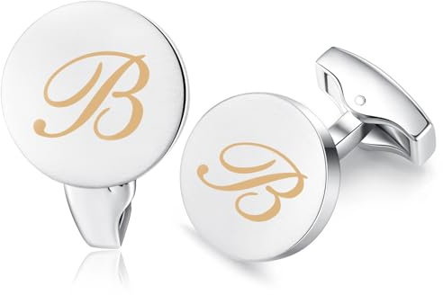 Honey Bear Initiale Lettre Alphabet Boutons de Manchette - Acier Inoxydable pour Le Cadeau D'affaires de Mariage de Chemise D'hommes (Argent brossé) (B)