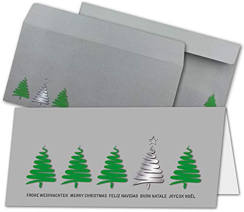 NEUSER PAPIER 10x Weihnachtskarten-Set DIN Lang in Grau mit grünen Tannenbäumen und Text - Faltkarten mit passenden Umschlägen DIN Lang - Weihnachtsgrüße für Firmen und Privat