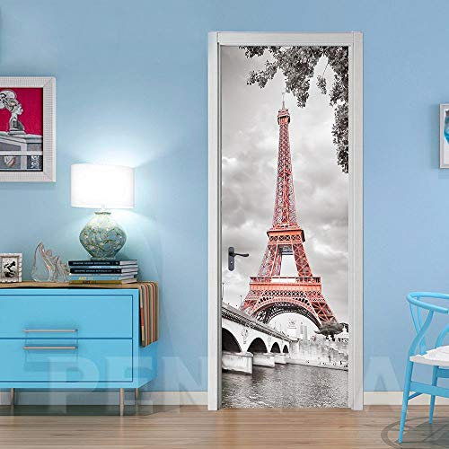Adesivi per Porte 3D Autoadesivo Carta Parati Porta Architettura della torre di Parigi 95x215cm fotomurali Decorazione da Parete Poster murale Decalcomanie Rimovibile Soggiorno Cucina Camera da letto