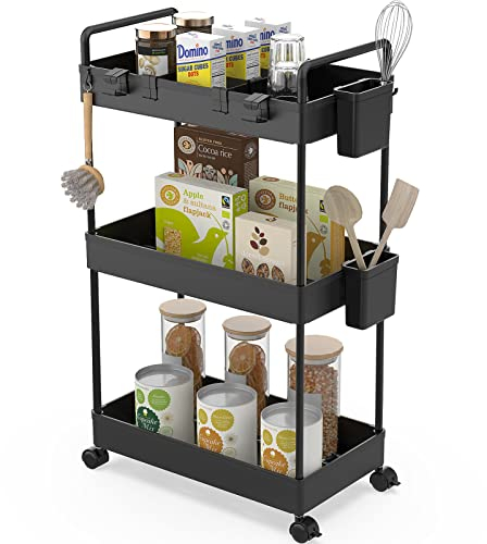 Ronlap Rollwagen Küchewagen mit 3 Ebenen, Servierwagen mit Aufhängebecher, Separator, Haken, Regal auf Rollen für Küche, Schlafzimmer, Büro, Schwarz