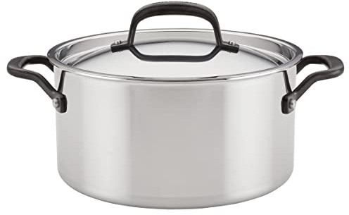 KitchenAid 5-Ply Clad Polished Stainless Steel Stock Pot/Stockpot with Lid, 6 Quart - Stainless Steel