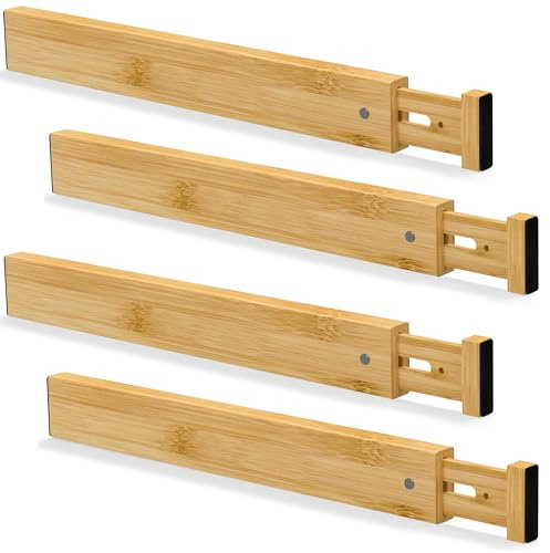 Ruichang 4 Piezas Separadores de Cajones de Bambú (44-55 x 1.5 x 5.7 cm, Naturaleza), Divisores de Cajones Ajustables, Divisorias para Gavetas, Organizador para Cajones Cocina Baño Ropa