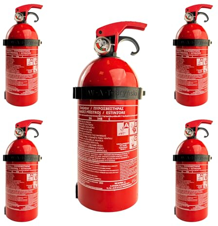 notlok Safety Work - 5X 1kg Pulver Feuerlöscher ABC + elektrische Geräte < 1000 V | 3 Jahre Garantie | Mini Dauerdruck Feuerlöscher Haushalt ideal für Küche und für Auto | + Feuerlöscher Halterung
