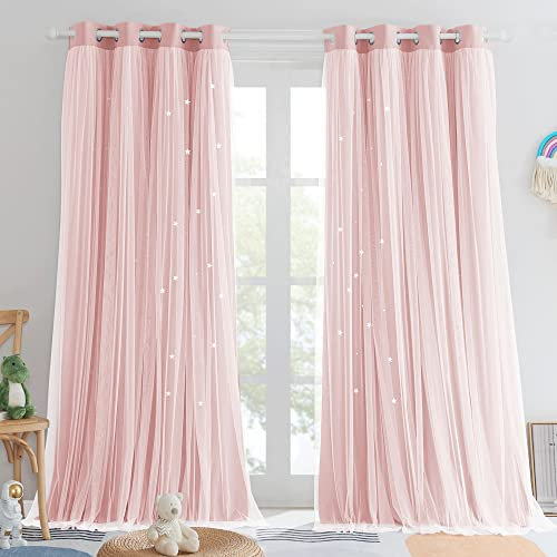 PONY DANCE Star Curtains for Bedroom - Double Layer Sheer Overlay with Bowknot Lace for Nursery Room Decor Princess Star Hollow Out, 52 W x 84 L, Rose Blush, 2 Pieces