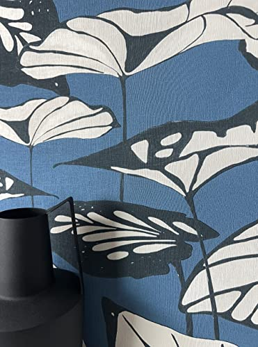 Newroom Tapete Blau Vliestapete Blätter - Blumentapete Floral Weiß Anthrazit Lotusblätter Natur Mustertapete Asiatisch Lotusblätter Leinenoptik inkl. Tapezier-Ratgeber