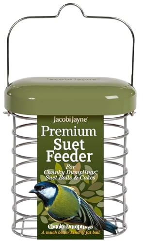 Fat Ball Feeder - Jacobi Jayne® Hanging Suet Feeder - Holds up to 6 Fat Balls or 2 Suet Cakes - Metal Squirrel Proof Bird Feeder for Wild Birds - Fat Ball Holder for Garden Birds (Green)