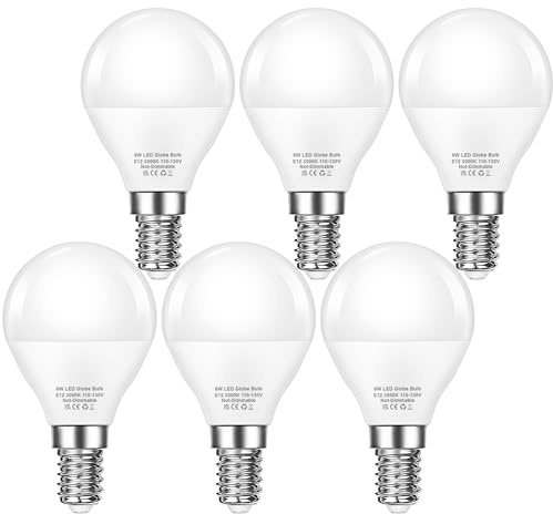 EvaStary Ceiling Fan Light Bulb E12 Candelabra Base, 3000K Warm White 60 Watt Equivalent, E12 LED Chandelier Light Bulbs, 6W 600LM Brightness G14 Mini Globe Candelabra Lighting, Non-dimmable, 6 Pack
