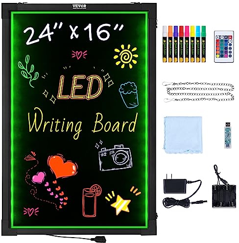 VEVOR LED Message Writing Board, 24x16 Illuminated Erasable Lighted Chalkboard, Neon Effect Menu Sign Board, Drawing Board with 8 Fluorescent Chalk Markers and Remote Control, for Home Wedding Shop