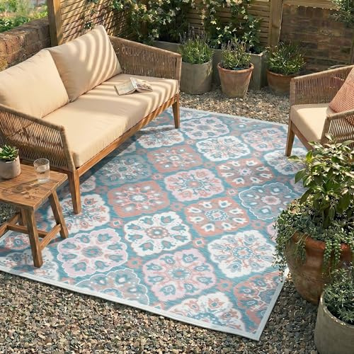 FRAAI | Home & Living Outdoor Teppich Boho - Vedra Tile Blau - Wetterfest - Polypropylen - 120x170 cm - Garten/Terrasse - Terrasse Teppich - Outdoor Rug