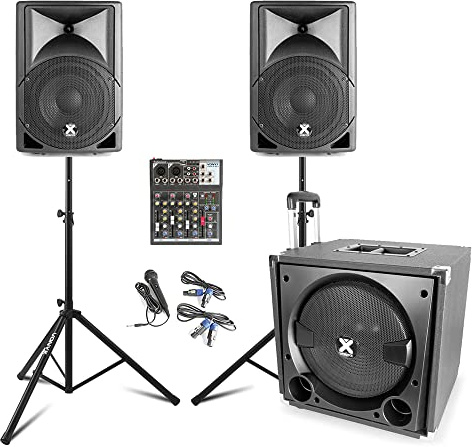 VONYX VX800 2.1 Active PA Speaker System with Bluetooth, Compact Mixer, Subwoofer, Tripod Stands & Microphone - Band PA Kit for Live Music & Events