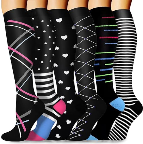 Calcetines De Compresión Para Mujeres y Hombres (15-20 mmHg), calcetines deportivos clasificados para rehabilitación, adecuados para tratamiento médico, circulación (L-XL, 6 Pares Negro mixto)