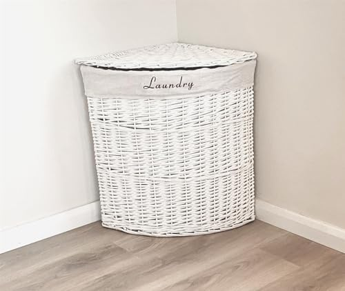 Topfurnishing Corner Wicker Laundry Basket With Lid Washing Basket Hamper Removable Cotton Lining White Large 62 x 46 x 60 cm