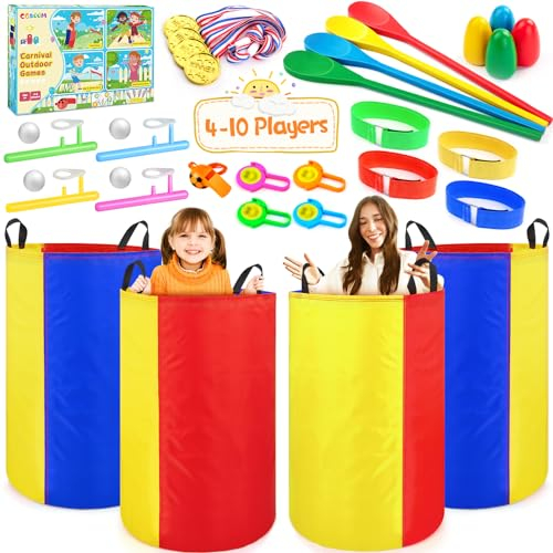 Outdoor Spiele für Kinder Erwachsene, 5 in 1 Gartenspiele für Kindergeburtstag mit Geschenkbox Sackhüpfen Säcke Eierlaufen 3Bein Rennen Medaillen, Kinderspielzeug Draußen Spielsachen Beburtstagsspiele