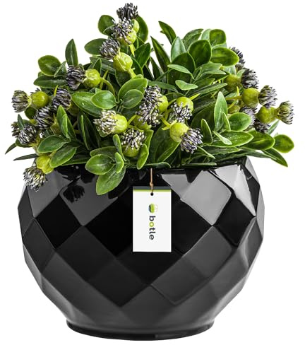 botle Runder Blumentopf aus Keramik Farbe Schwarz Glanz 13,5 cm H 12,5 cm-Moderne und stilvolle Dekoration, räumliche Pflanzenabdeckung