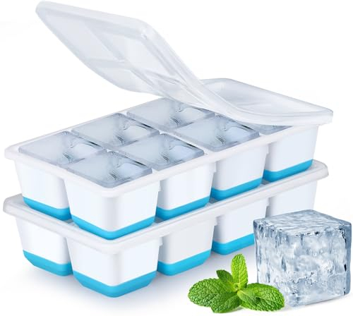 Cubiteras para Hielo Grande, JRISBO 2 Piezas Cubitera Silicona con Tapa para Cubitos de Hielo, Cubitera Silicona sin BPA Apilables Moldes de Hielo Ice Cube Tray para Cóctel Whisky (Azul)