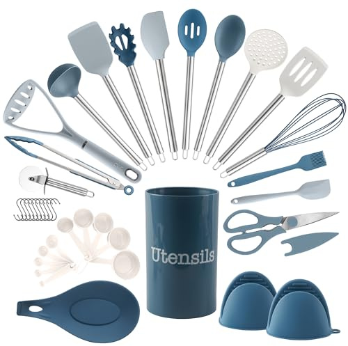 COOK WITH COLOR Silicone Cooking Utensils, 38-Piece Kitchen Utensil Set, Easy to Clean, Nonstick Safe, Blue and White