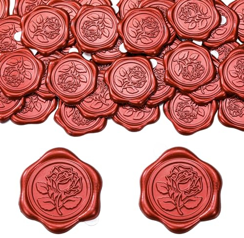 Filhome Wachssiegel Selbstklebend 50 Stück Umschlagaufkleber Wachssiegelstempel Sticker Siegelaufkleber für Hochzeit Geburtstag Party (Rot, Rose)