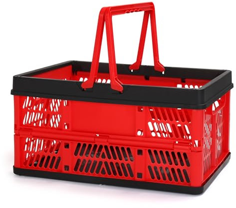 Plastic Storage Crate, Collapsible Crate for Storage Stacking Folding Storage Basket, Collapsible Shopping Basket,Car Storage Basket, Milk Crate with Handles for Kitchen, Bathroom, 20L (Red)
