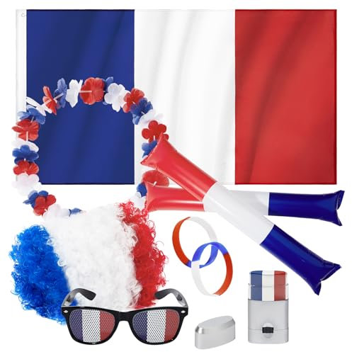 Century Star Grande pacchetto sostenitore della Francia per Euro 2024 | 7 pezzi | parrucca, cappuccio, bandiera francese, bastone gonfiabile, occhiali da sole decorativi, Set di 7 pezzi, Taglia unica