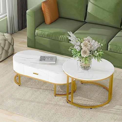 IDEASY Couchtische 2er-Set, Beistelltisch Satztisch Wohnzimmertisch mit Schublade und Marmormuster, für Balkone