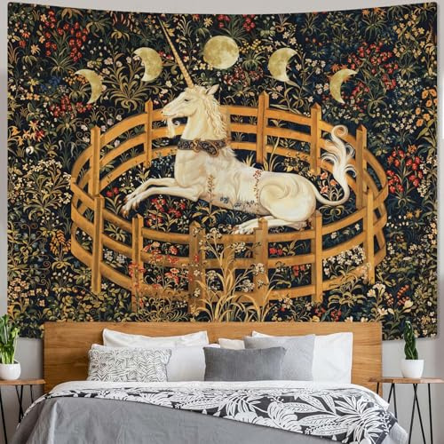 Yeoiat Einhorn-Wandteppich, mittelalterlicher Wandteppich, Mond-Wandteppich, für Schlafzimmer, Wohnzimmer, 152,4 x 203,2 cm