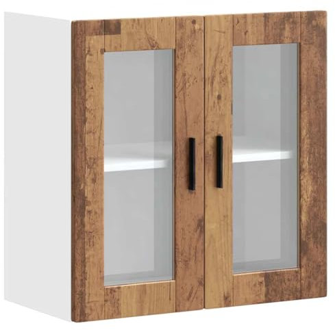 vidaXL Porto Kitchen Wall Cabinet with Glass Doors - Rustic Old Wood Engineered Material, Wall-Mounted Storage for Plates and Bowls, 60x31x60 cm ❰Kitchen Cupboard/Pantry❱