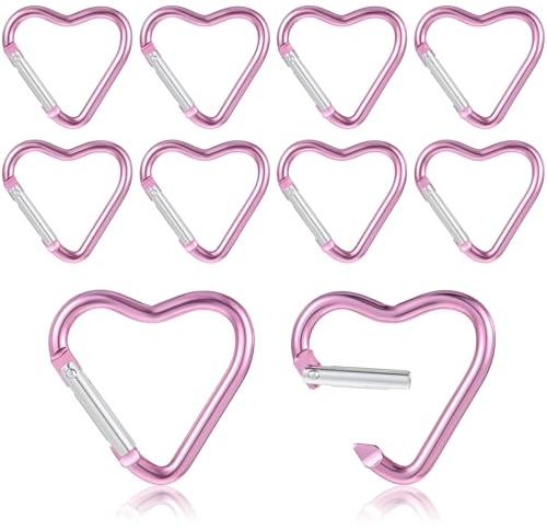 Lot de 10 mousquetons mignons en forme de cœur en métal pour sac à dos, porte-clés, boucle d'escalade, porte-clés pour chien, laisse, porte-bouteille d'eau, clips à ressort (rose)
