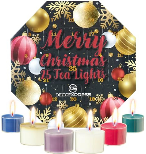 Deco Express Calendario Adviento Velas con 24 Velas de Te Perfume Portavelas de Cerámica Decoracion Navidad Hogar Set de Regalo, 6h de Duración (Velas Aromáticas)